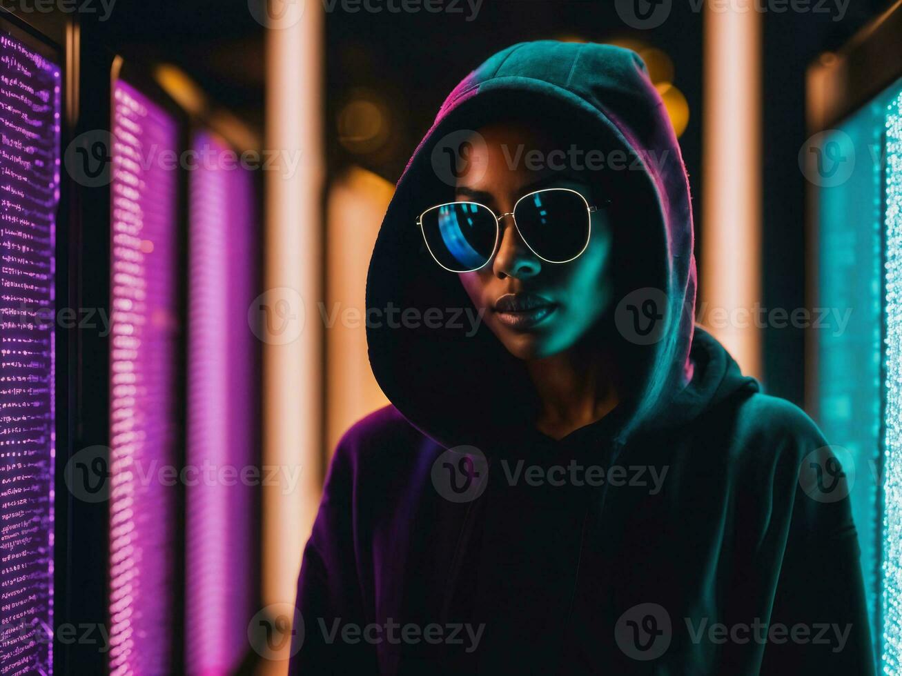 photo of black woman in black hoodie in server data center room with neon light, generative AI