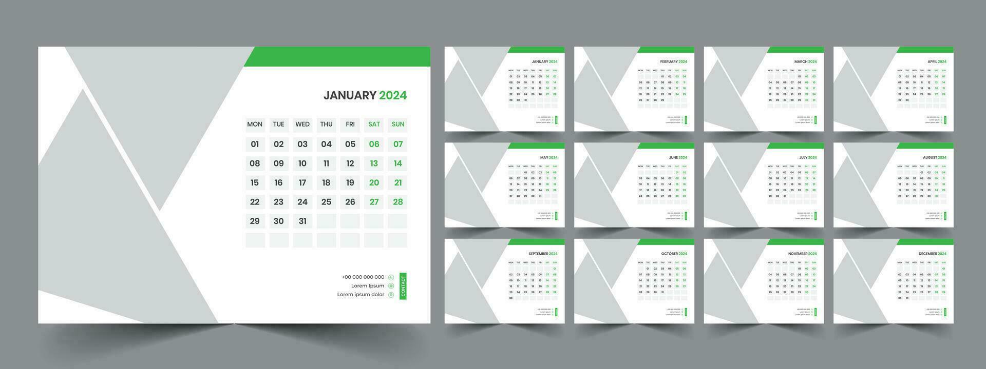 Calendar 2024 planner corporate template design set. Week starts on Monday. template for annual calendar 2024 vector