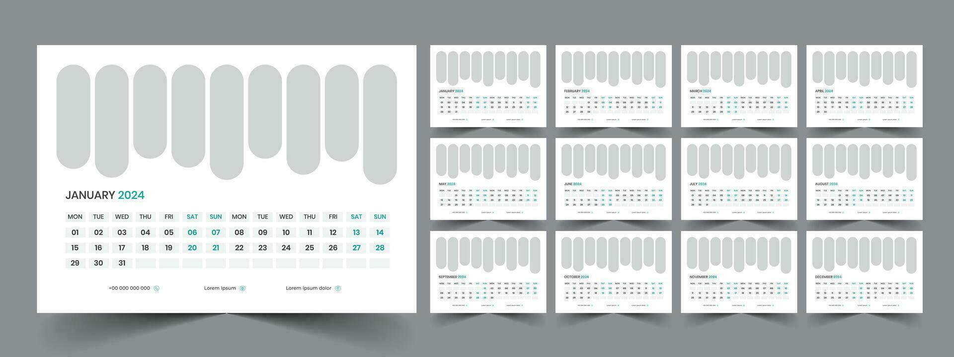 Calendar 2024 planner corporate template design set. Week starts on Monday. template for annual calendar 2024 vector