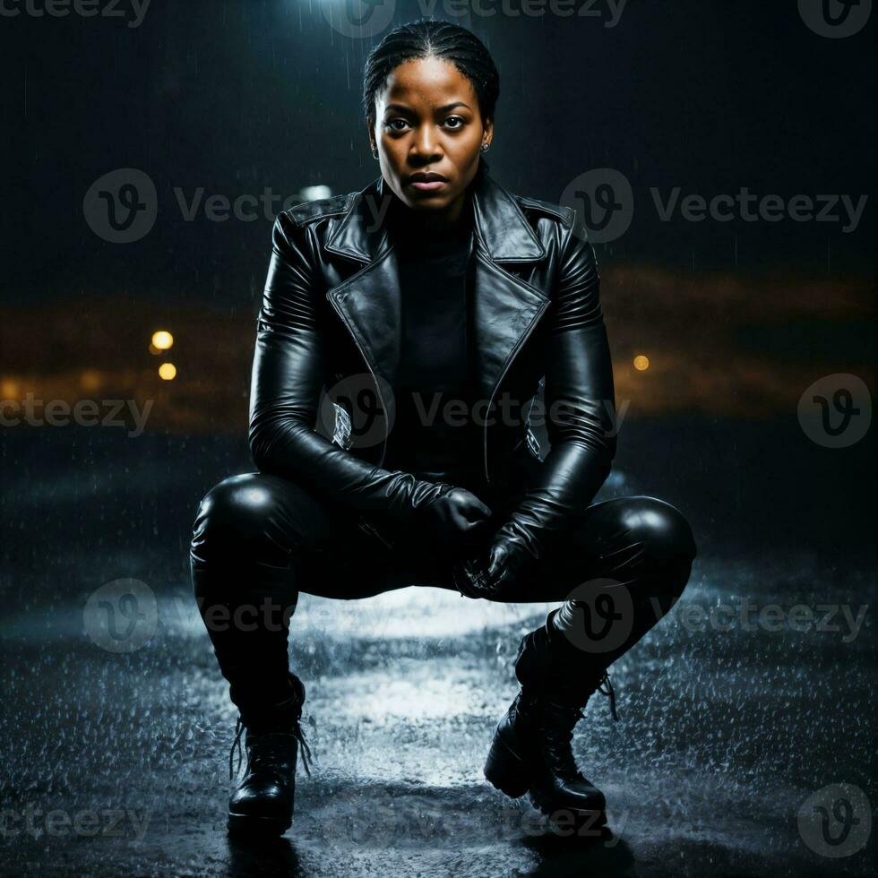photo of strong african woman with black leather suit in heavy rain night, generative AI