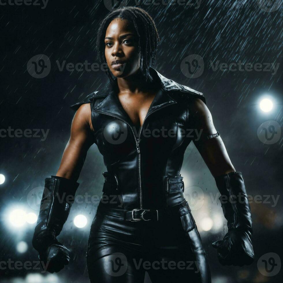 photo of strong african woman with black leather suit in heavy rain night, generative AI