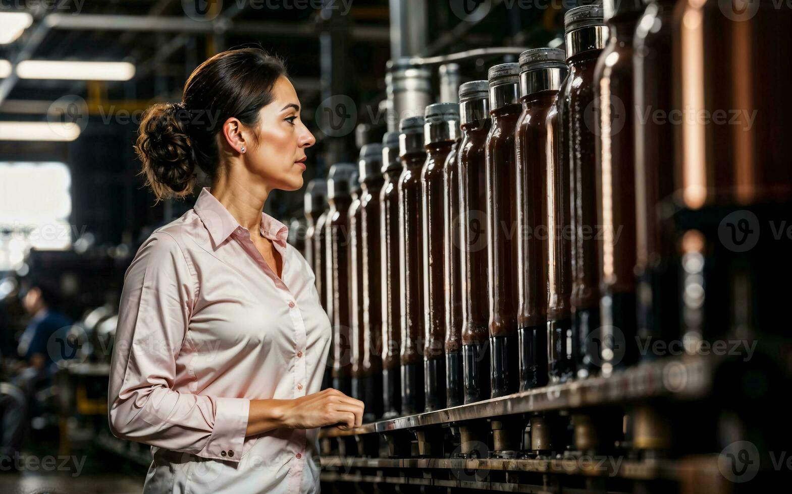 photo of working entrepreneur woman at factory with machine and worker, generative AI