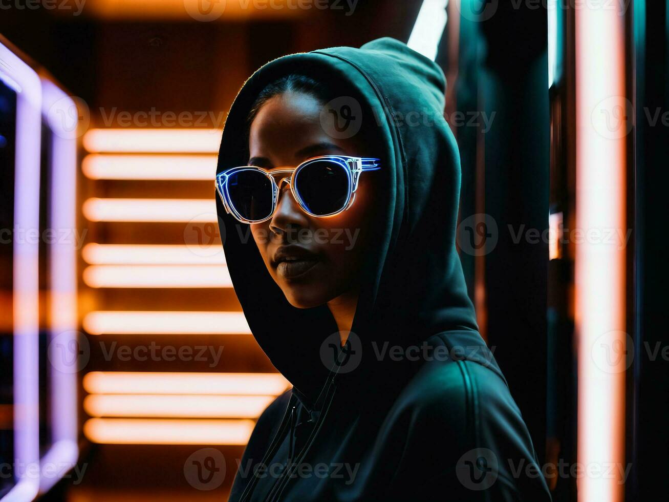 photo of black woman in black hoodie in server data center room with neon light, generative AI