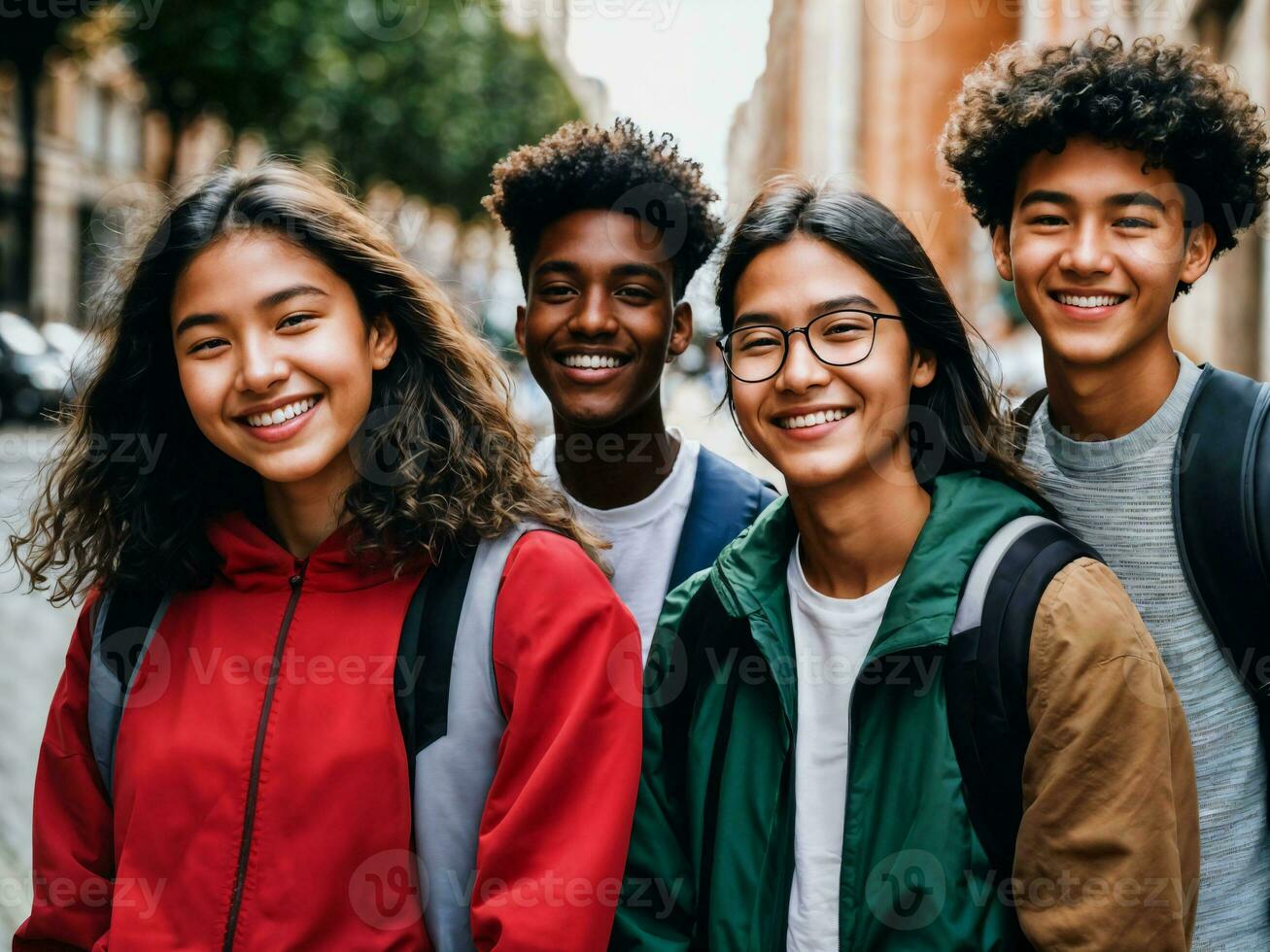 photo of group teenage freshy student at university, generative AI