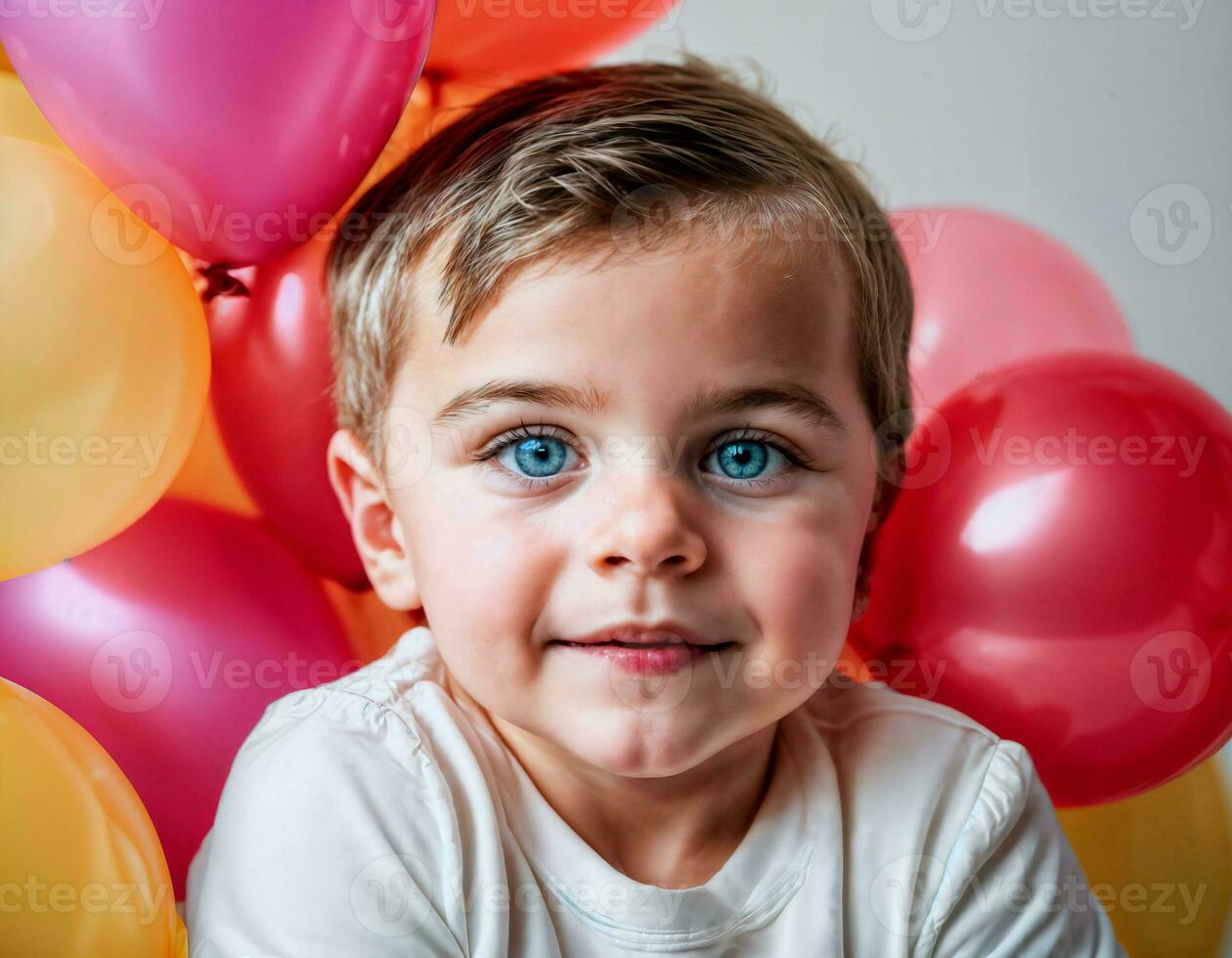 photo photoshoot of kid with balloons on white background, generative AI