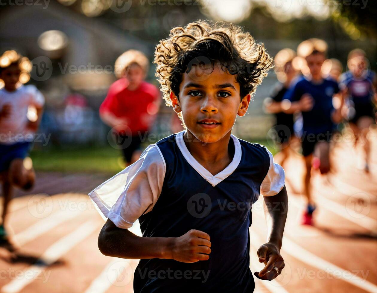 foto de chico niños corriendo carrera deporte a escuela, generativo ai