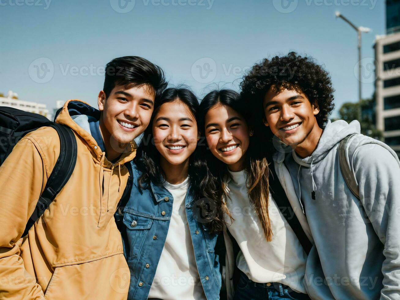 photo of group teenage freshy student at university, generative AI