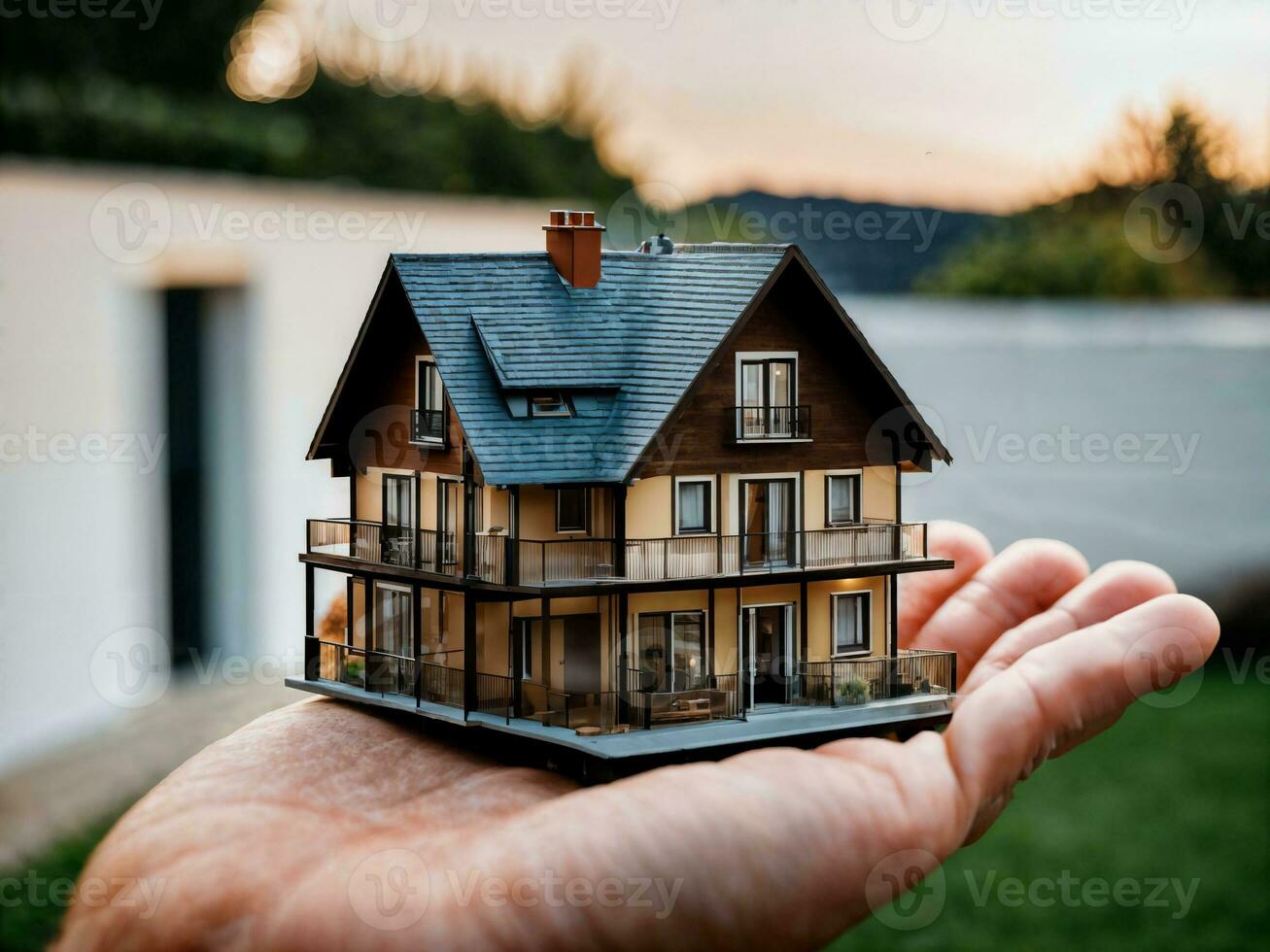 photo of close up hand holding mini house, generative AI