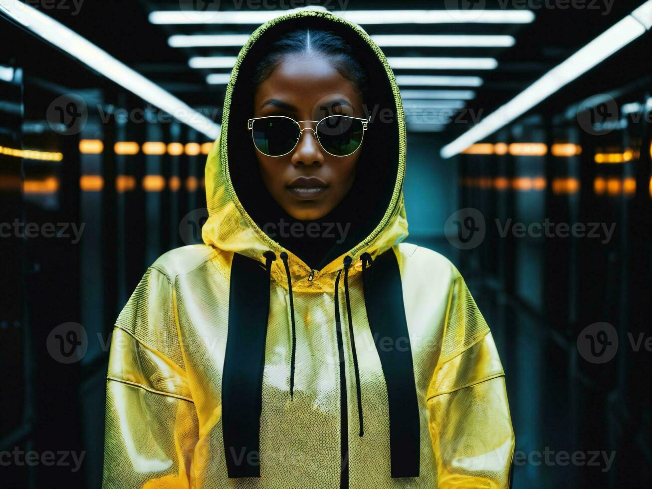 photo of black woman in black hoodie in server data center room with neon light, generative AI