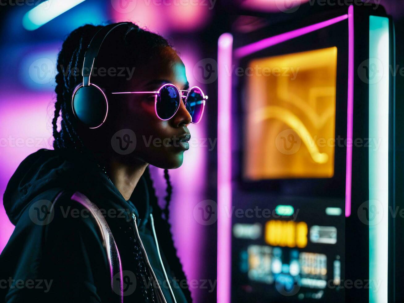 photo of black woman in black hoodie in server data center room with neon light, generative AI