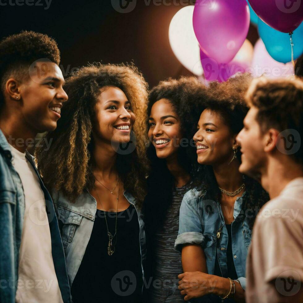 grupo de contento joven Adolescente a el noche fiesta, generativo ai foto