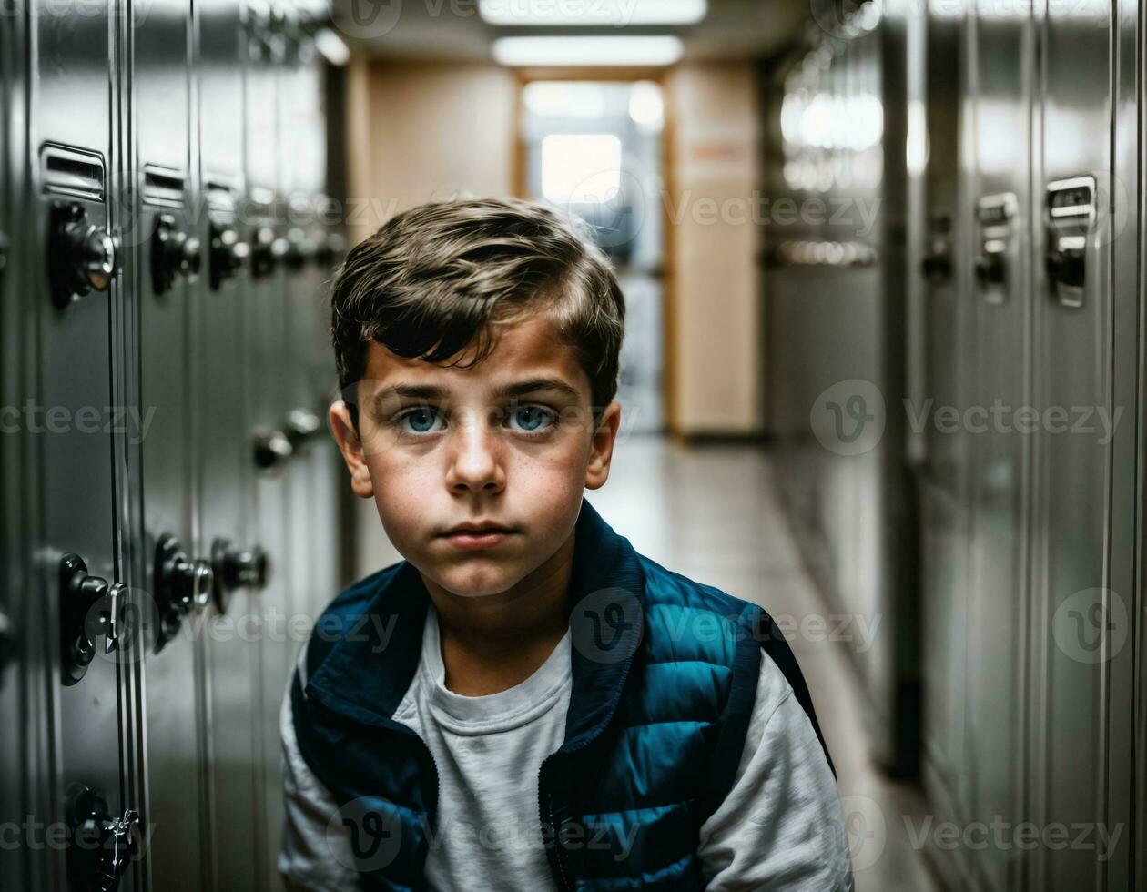 photo of scary boy kid in locker room, generative AI
