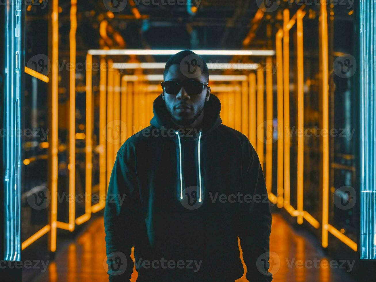 photo of black man in black hoodie in server data center room with neon light, generative AI