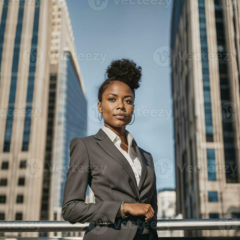 foto de inteligente africano mujer con negro negocio traje a grande moderno ciudad, generativo ai