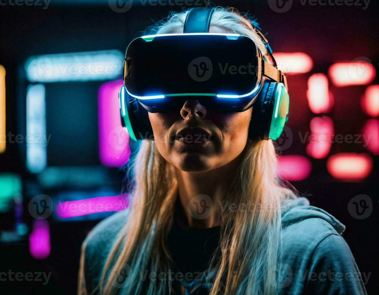 foto de hermosa mujer con vr lentes auriculares jugando vídeo juego, generativo ai