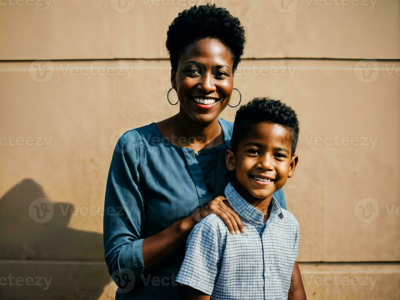 photo of happy family black mother and son, generative AI