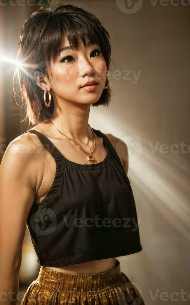 photo of teenage playful asian woman with accessories and mullet hairstyle, generative AI