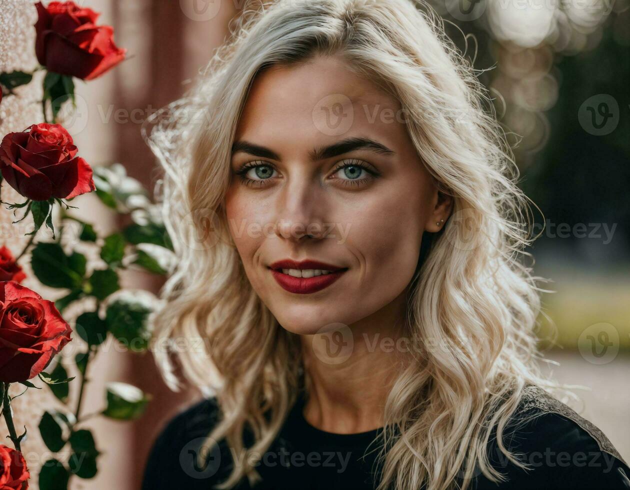 photo of beautiful woman in blonde hair color with red rose background, generative AI