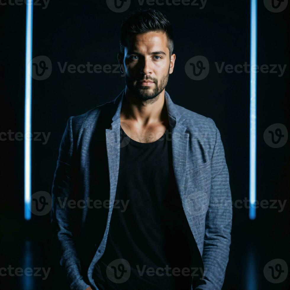 photo of handsome man with blue light on black background, generative AI