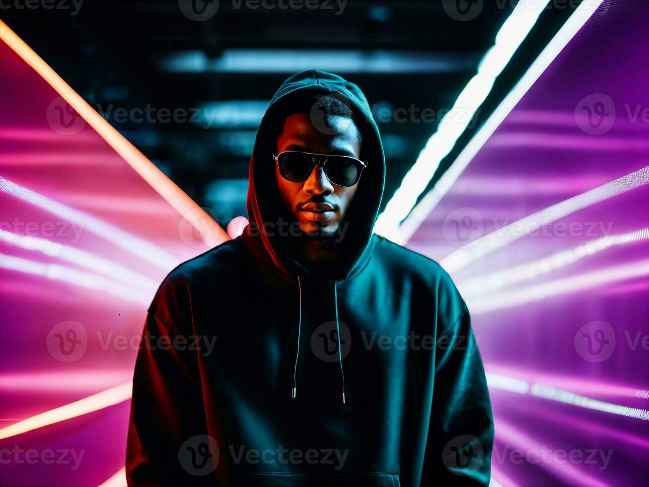 photo of black man in black hoodie in server data center room with neon light, generative AI