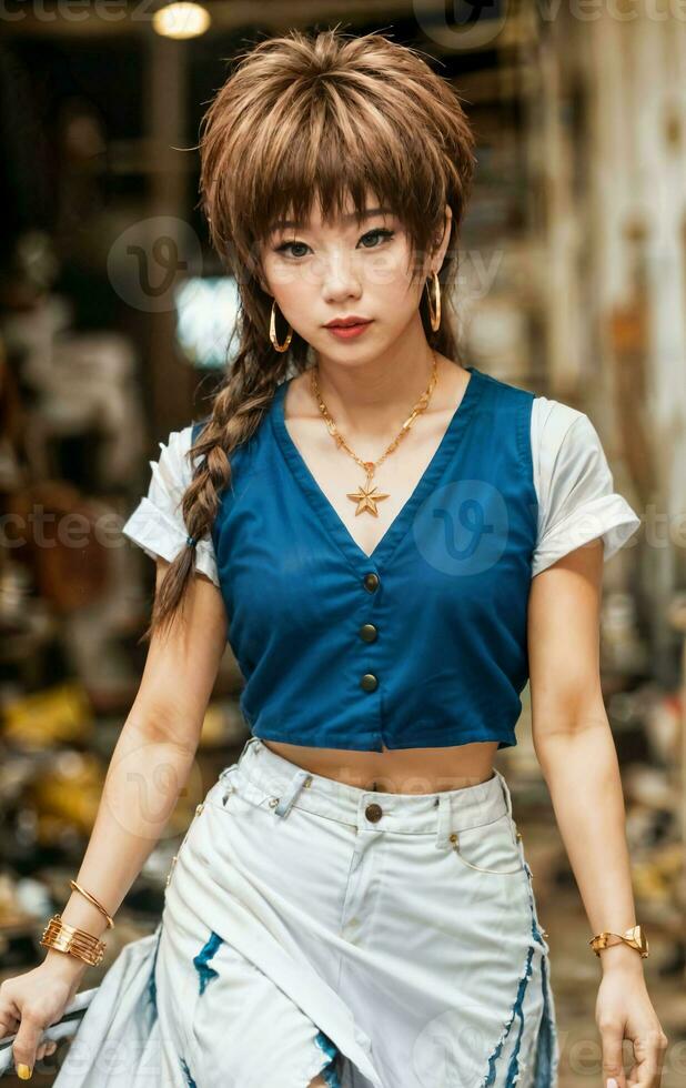 photo of teenage playful asian woman with accessories and mullet hairstyle, generative AI