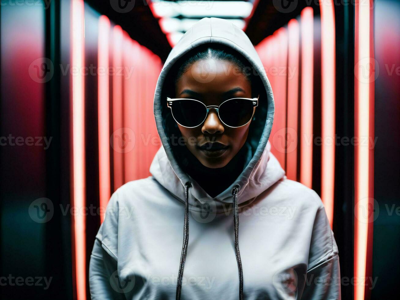 photo of black woman in black hoodie in server data center room with neon light, generative AI