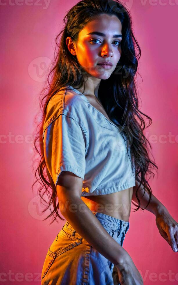 photo of beautiful woman with red and pink lighting and backdrop , generative AI