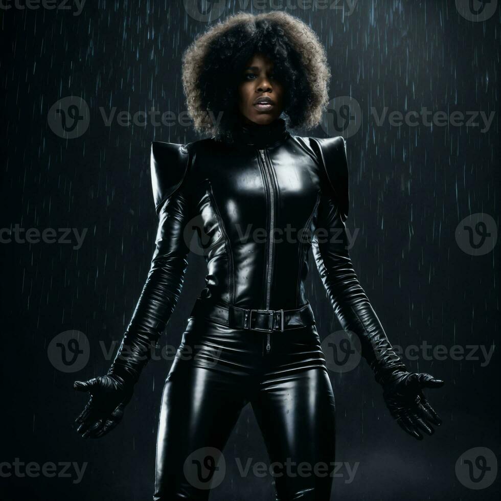 photo of strong african woman with black leather suit in heavy rain night, generative AI