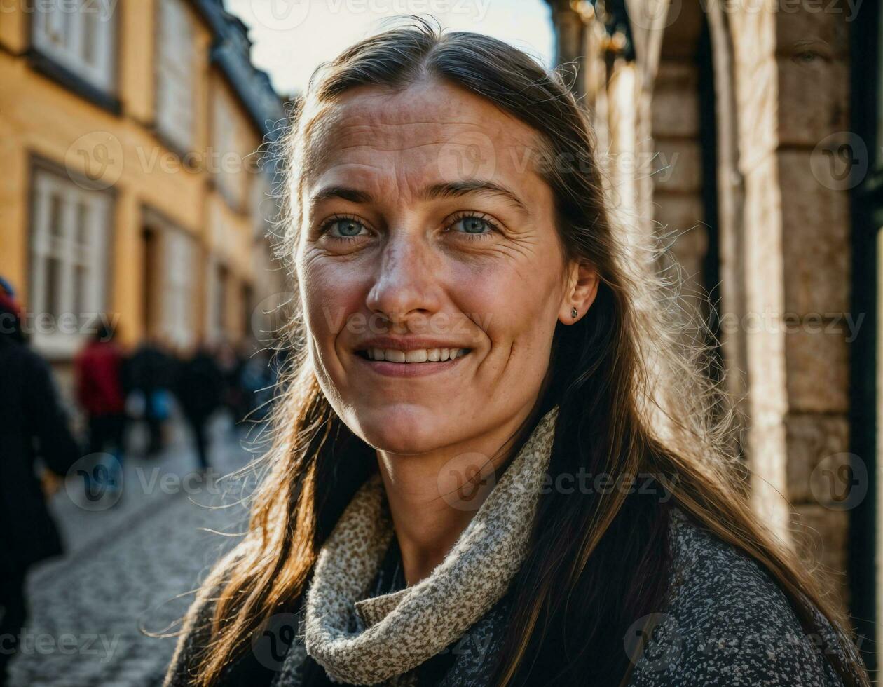 photo of beautiful european woman walking in street and building retro style, generative AI