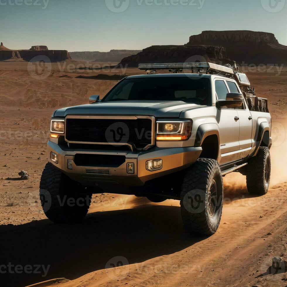 photo of truck in hot sand desert, generative AI