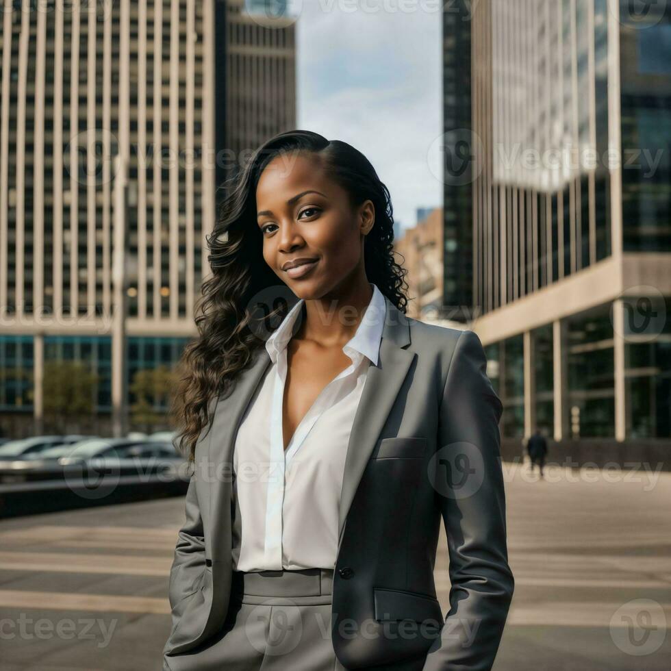 photo of smart african woman with black business suit at big modern city, generative AI