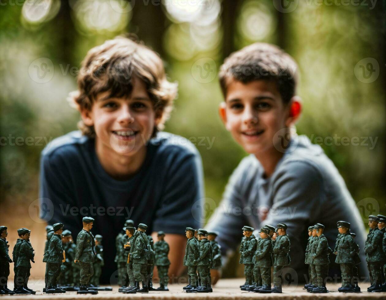 foto de Adolescente chico jugando con juguete soldados, generativo ai