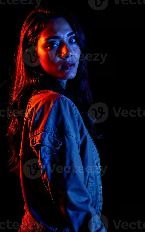 photo of beautiful woman with mixed red and blue lighting , generative AI