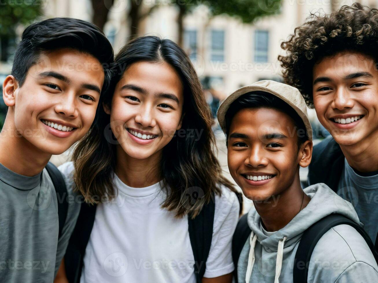 photo of group teenage freshy student at university, generative AI