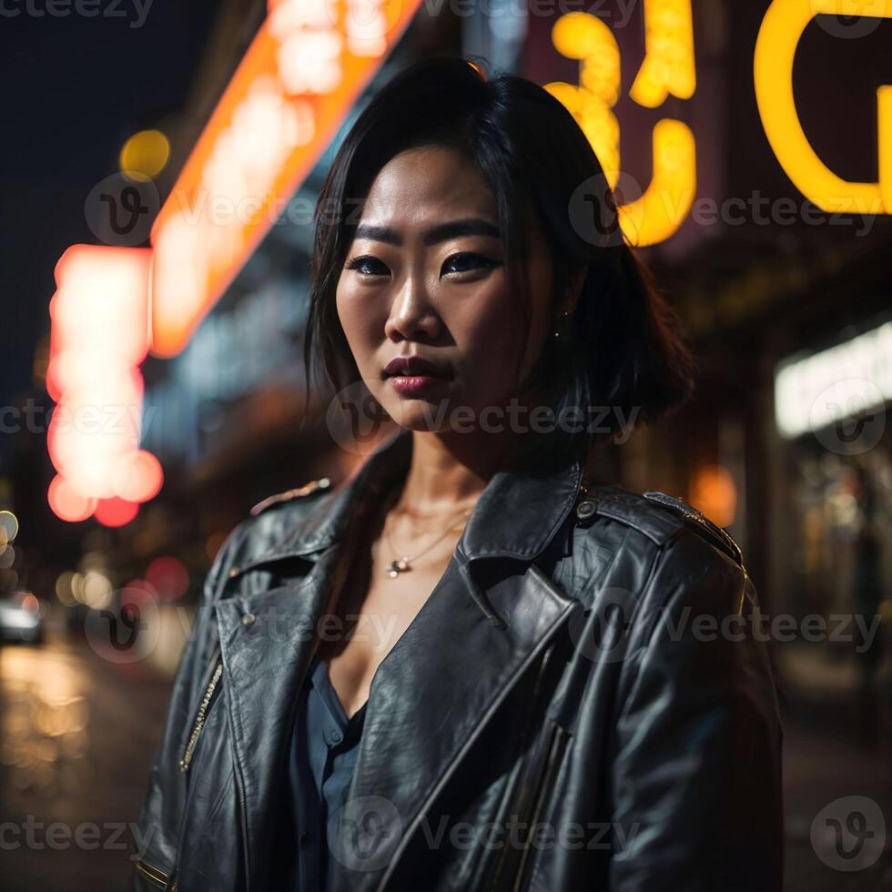 photo of asian woman at street night with light,