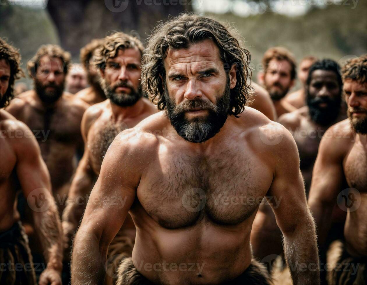 photo of group of strong caveman gang, generative AI