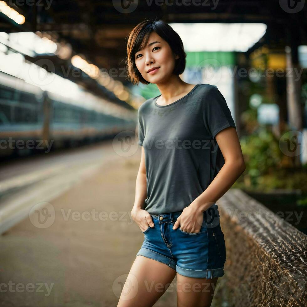 photo of beautiful japanese asian woman with short hair, generative AI