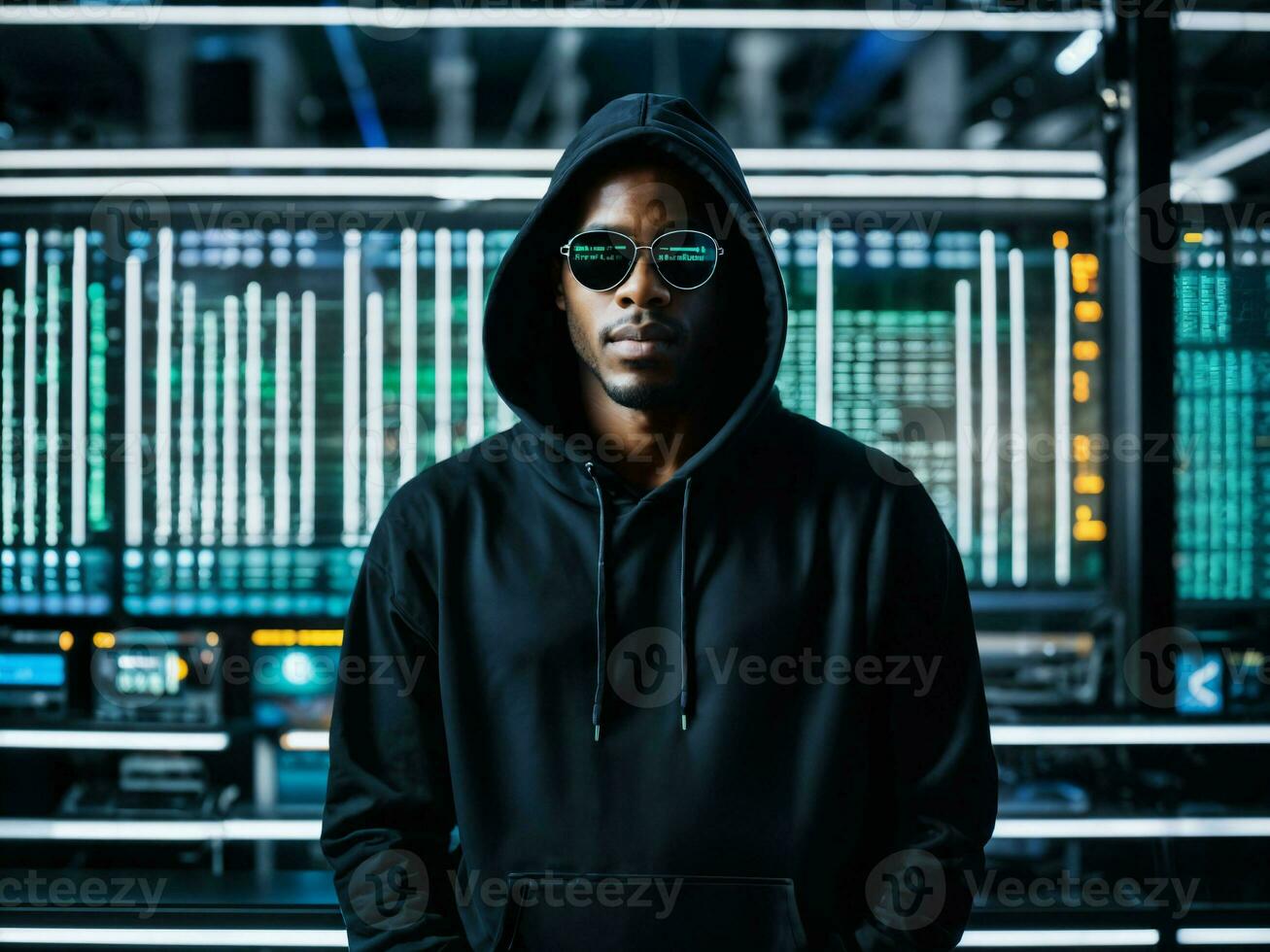 photo of black man in black hoodie in server data center room with neon light, generative AI