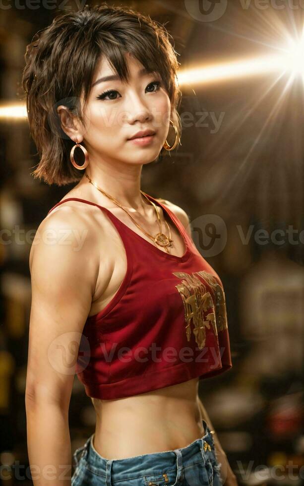 photo of teenage playful asian woman with accessories and mullet hairstyle, generative AI