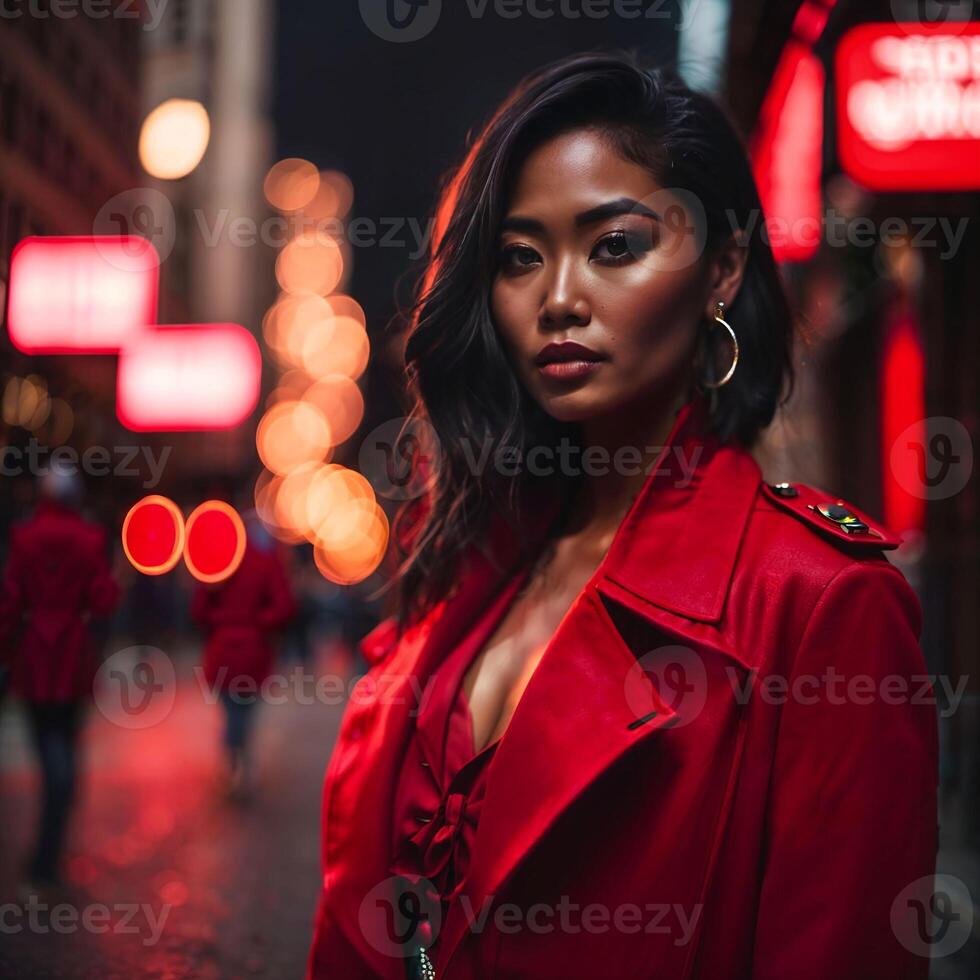 photo of woman in red cloth at street night with light,