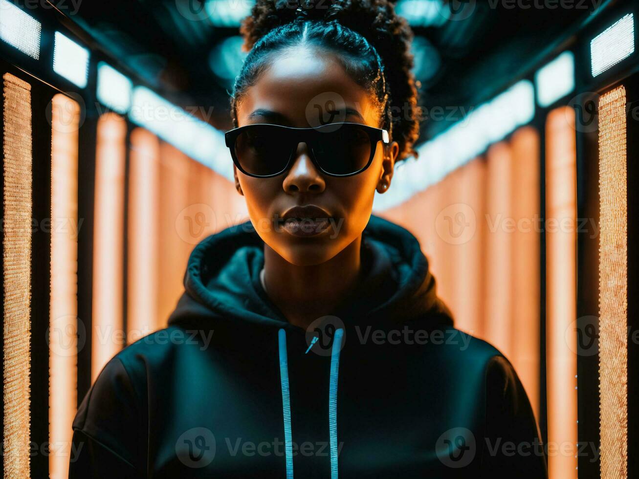 photo of black woman in black hoodie in server data center room with neon light, generative AI