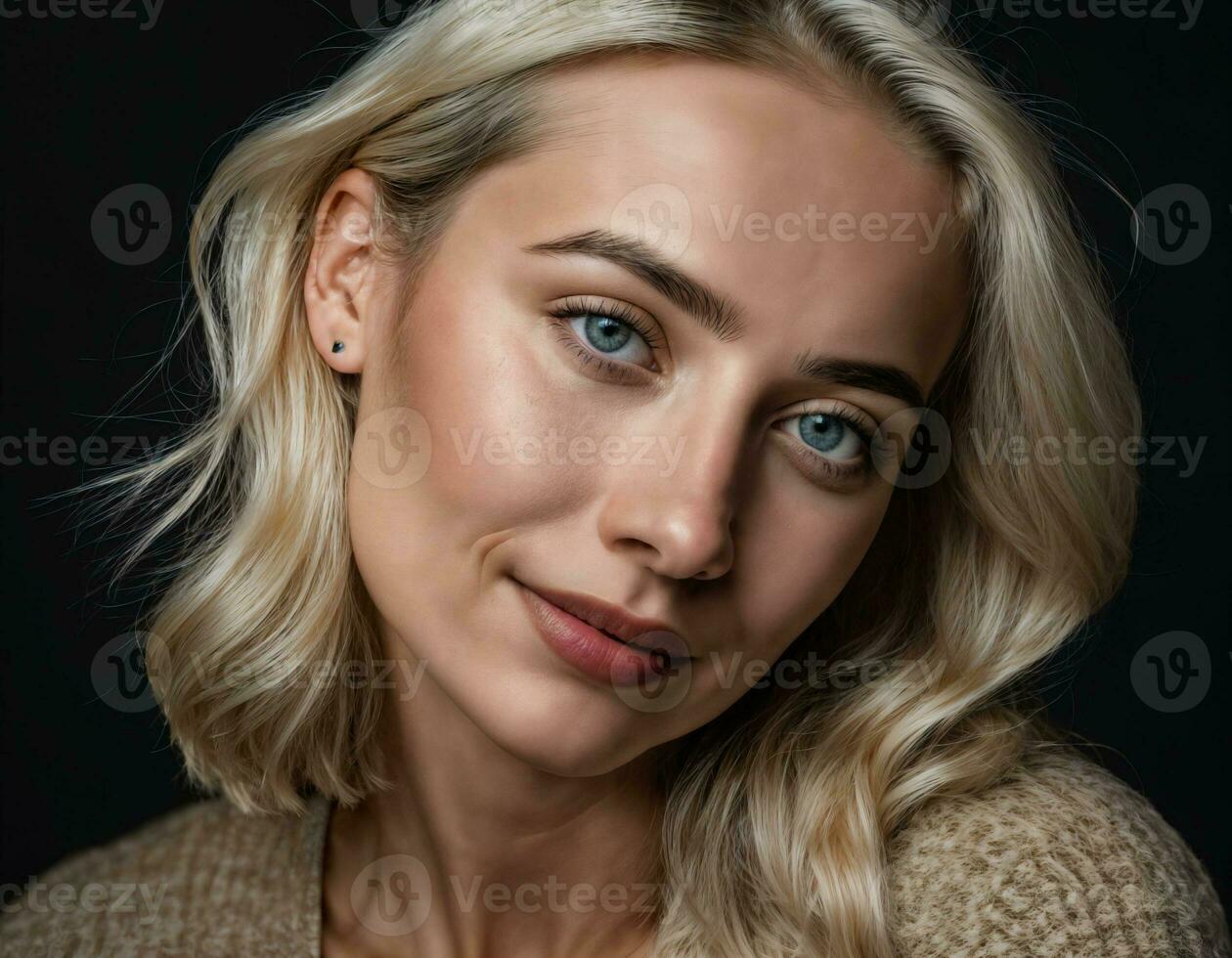 photo of close up beautiful european woman with blonde hair color in black background, generative AI