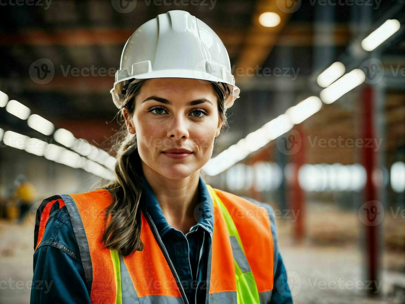 photo of woman as a construction worker with helmet, generative AI