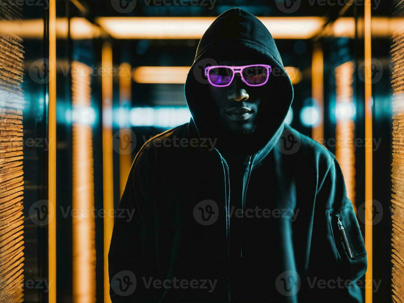 photo of black man in black hoodie in server data center room with neon light, generative AI