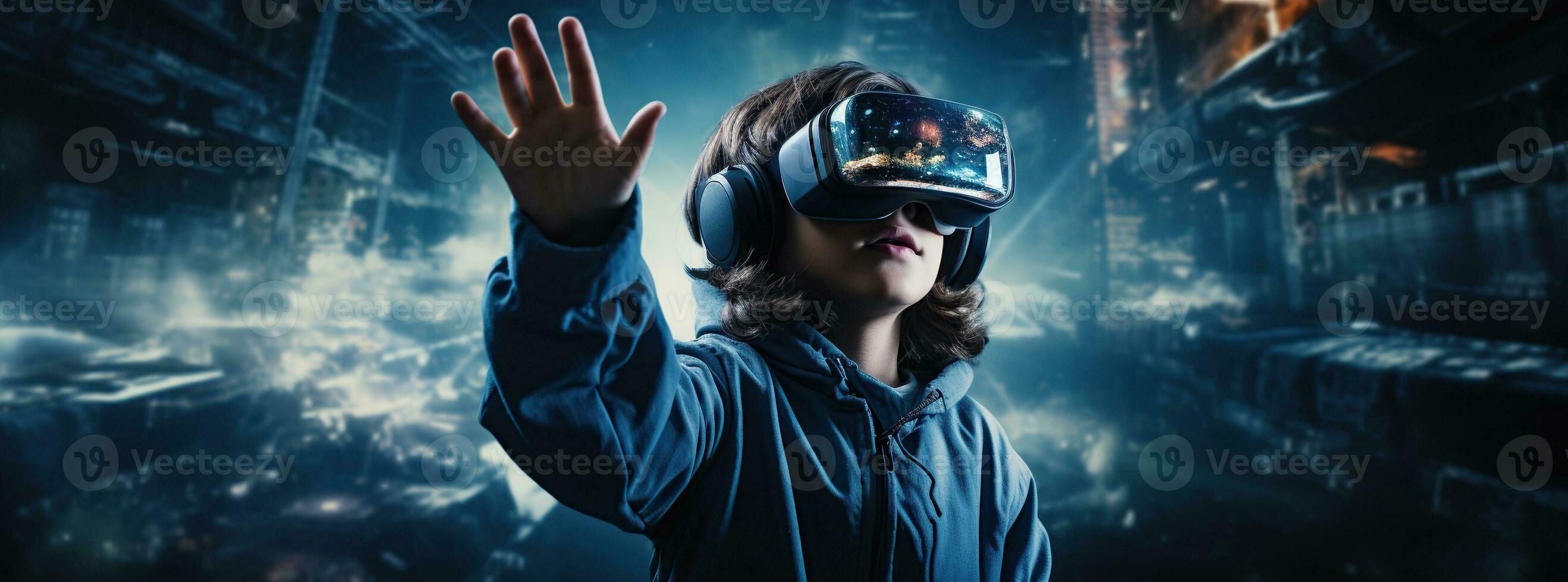 Illustration of a person wearing a virtual reality VR headset, AI Generated. photo