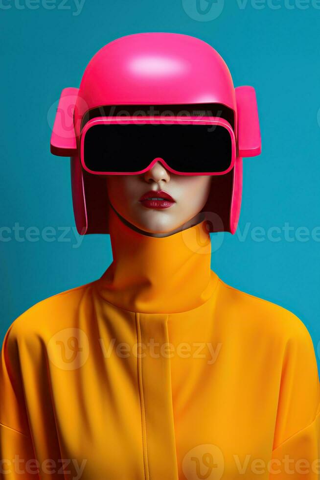 Illustration of a fashion portrait wearing a virtual reality VR headset. AI Generated. photo