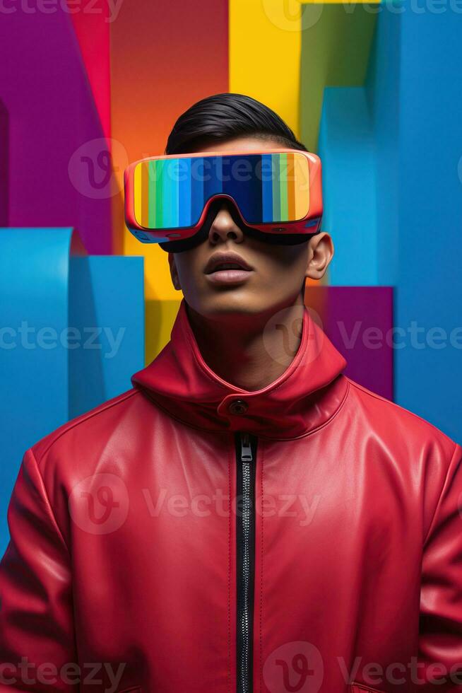 Illustration of a fashion portrait wearing a virtual reality VR headset. AI Generated. photo