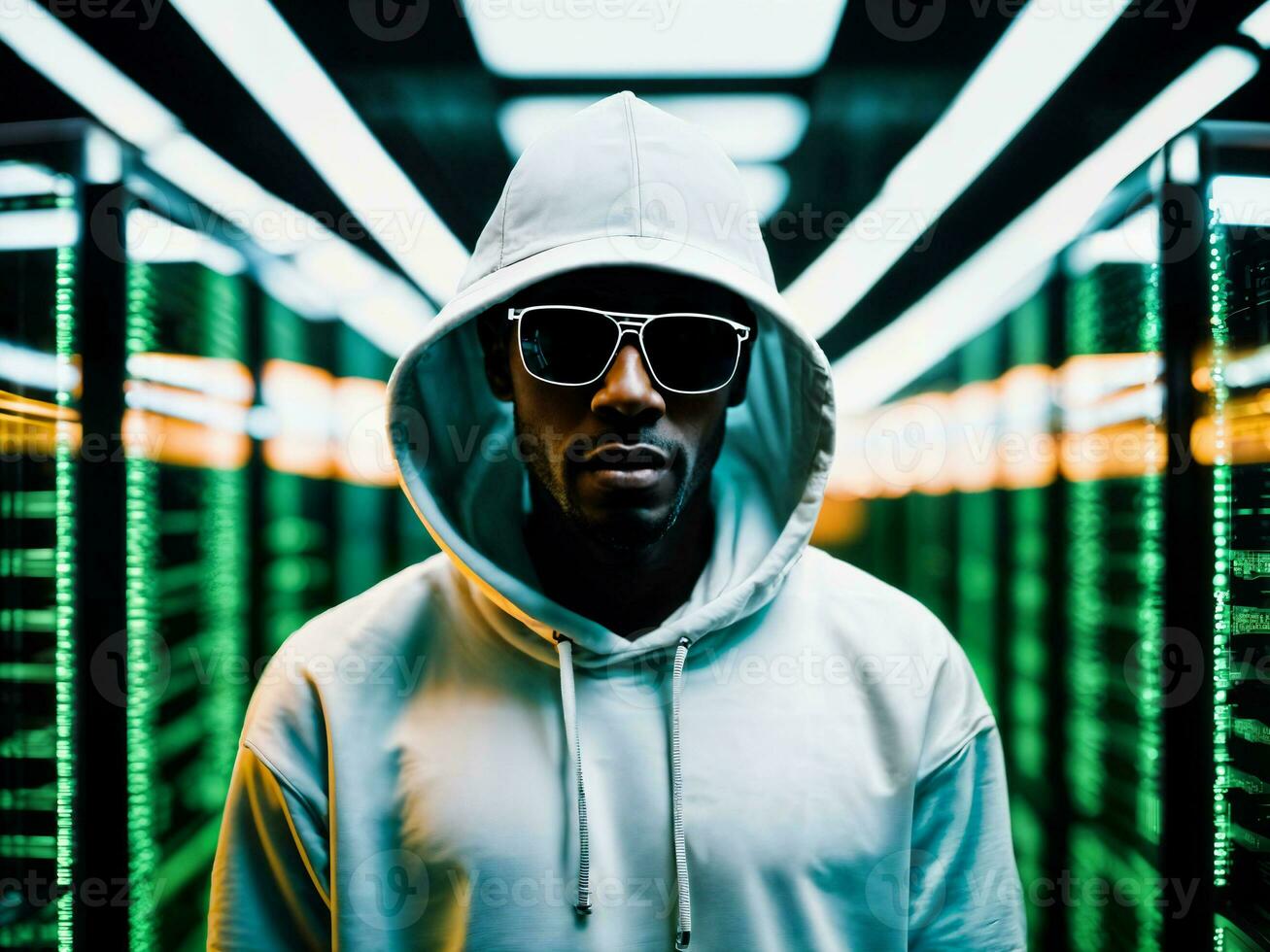 photo of black man in black hoodie in server data center room with neon light, generative AI