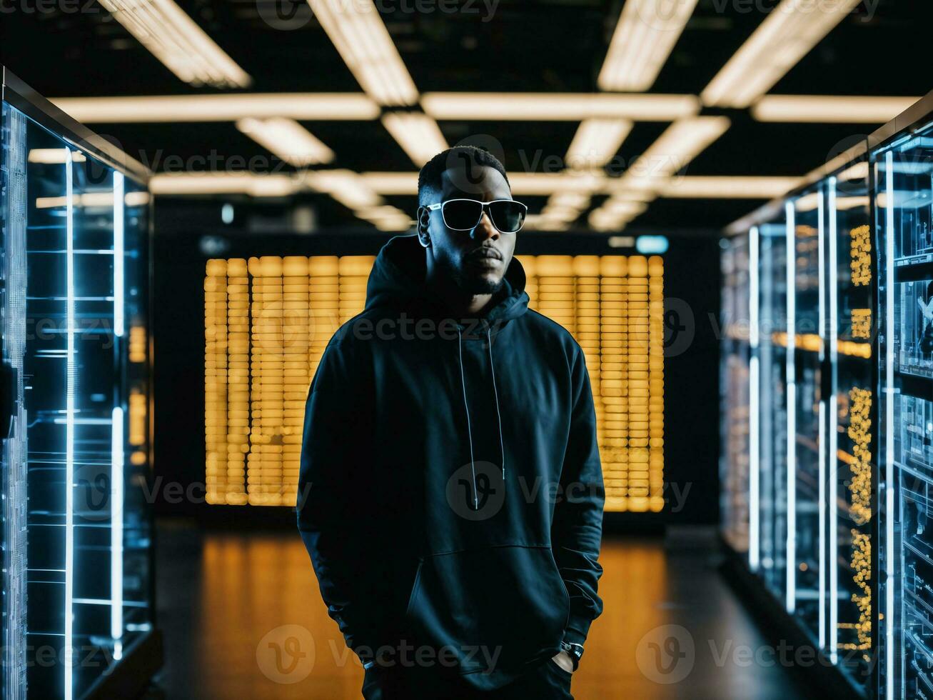 photo of black man in black hoodie in server data center room with neon light, generative AI