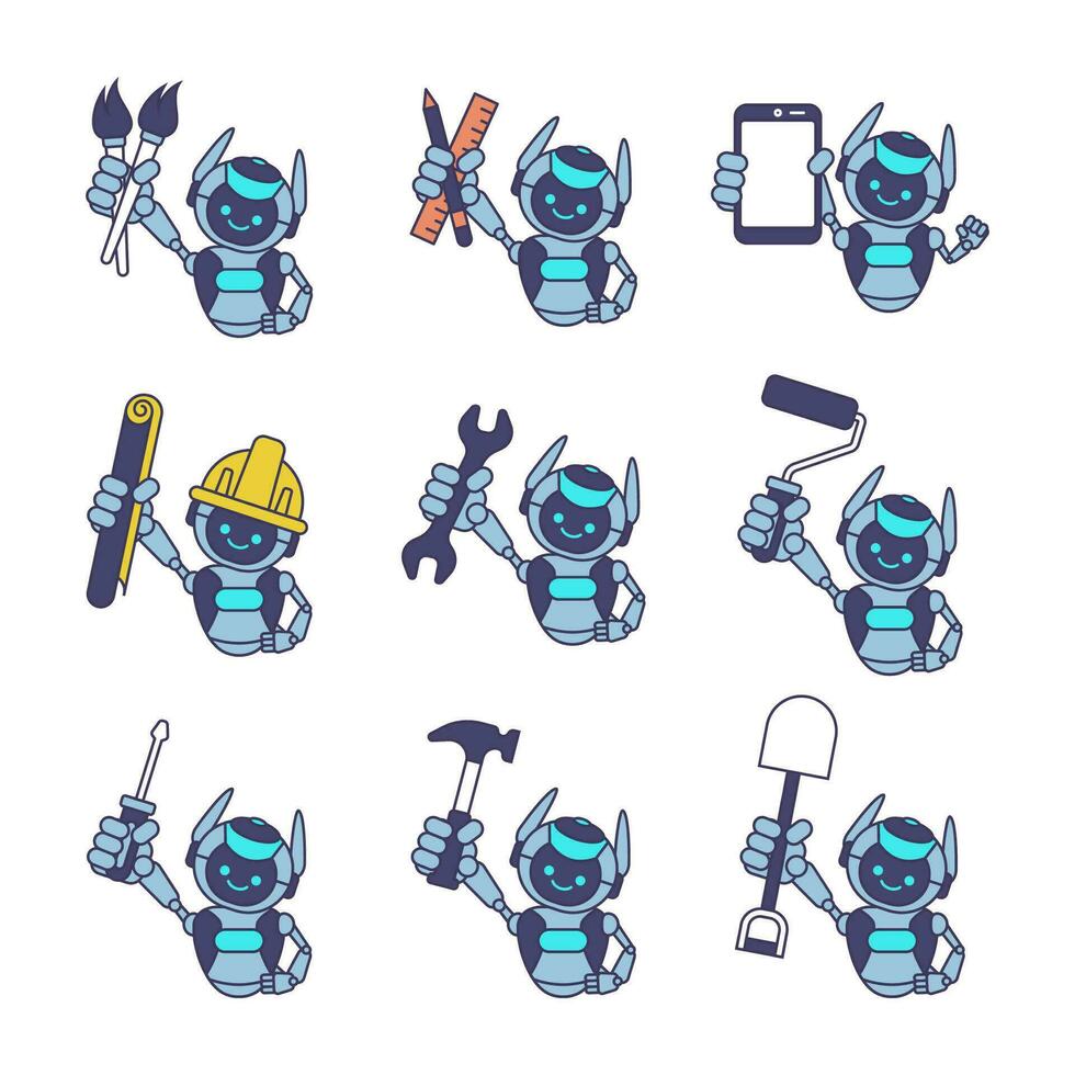 robot personaje participación Cepillo de pintura, regla y lápiz, teléfono, Plano papel, llave inglesa, pintar rodillo, destornillador, martillo, pala. robot mascota ilustración vector